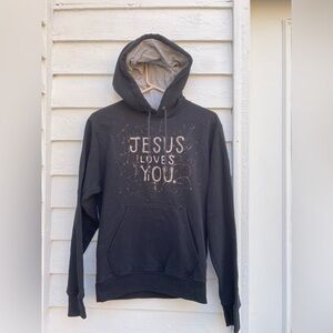 Champion Black Hoodie with Inspirational Bleach Art “Jesus Loves You” Faith